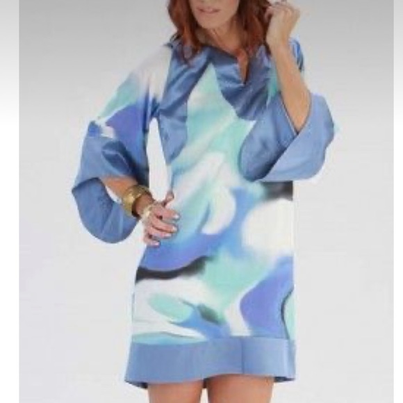 Halston Heritage Dresses & Skirts - Halston Heritage 100% Silk Abstract Mixed Print Blue Dress